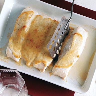Roasted halibut with garlic sauce