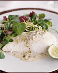 Roasted halibut with green olive sauce