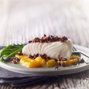 Roasted halibut with tangerine & olive tapenade