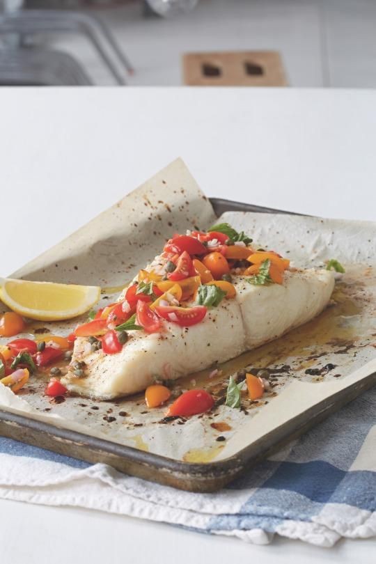 Roasted halibut with tomato-caper relish