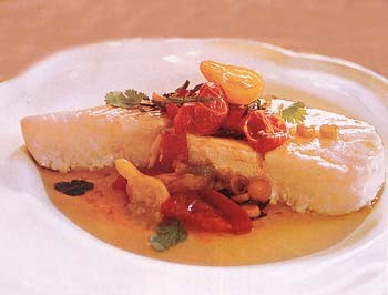 Roasted halibut with tomatoes, saffron, and cilantro