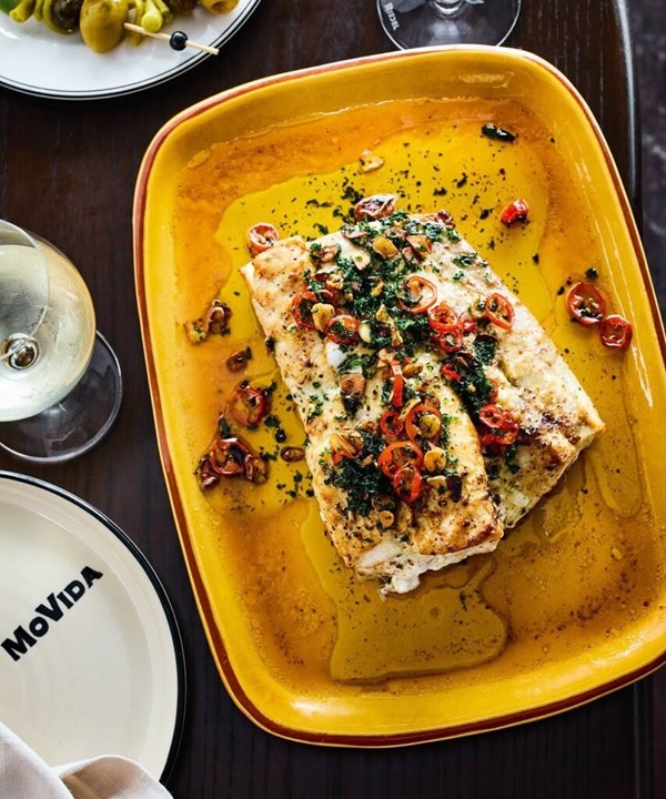Roasted hāpuku fillet with a hot garlic & chilli refrito (Pescado en refrito)