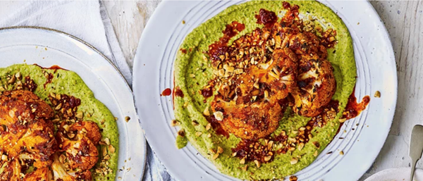 Roasted harissa cauliflower with warm coriander hummus and dukkah