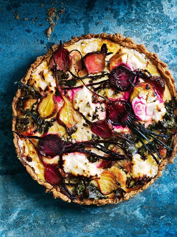 Roasted heirloom beetroot, kale and goat's cheese quiche