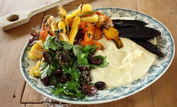Roasted heirloom carrots, beetroot, parsnips with vino cotto, polenta and olive, caper & parsley salad