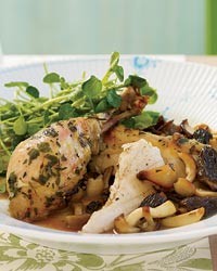Roasted herb chicken with morels and watercress salad