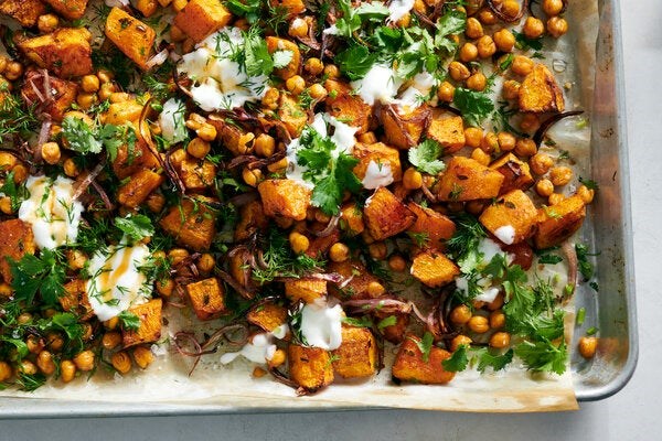 Roasted honey nut squash and chickpeas with hot honey