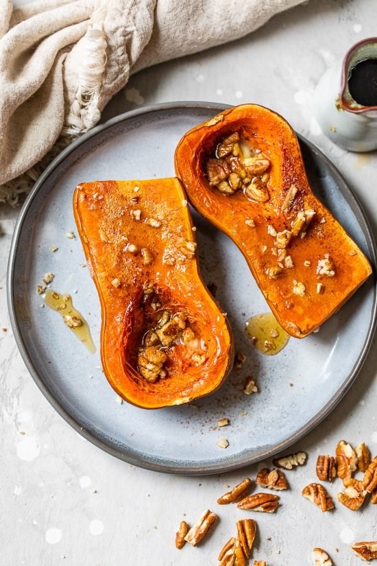 Roasted honeynut squash with maple and pecans