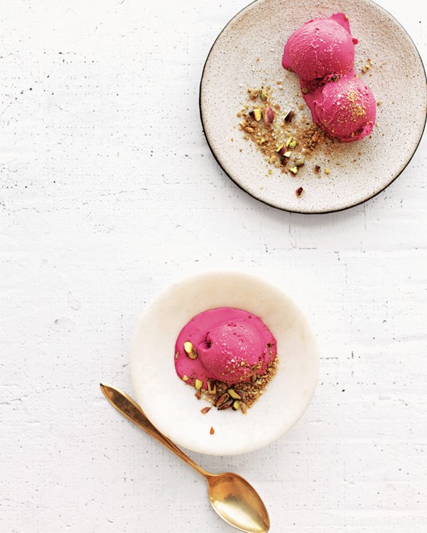 Roasted ice cream: beet, pistachio, sunflower seed crumble