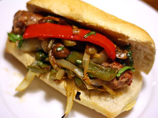 Roasted Italian sausage, pepper, and mushroom sandwich