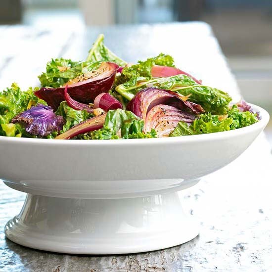 Roasted kale and red onions