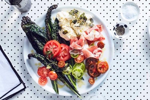 Roasted kale, quick ricotta & tomato salad