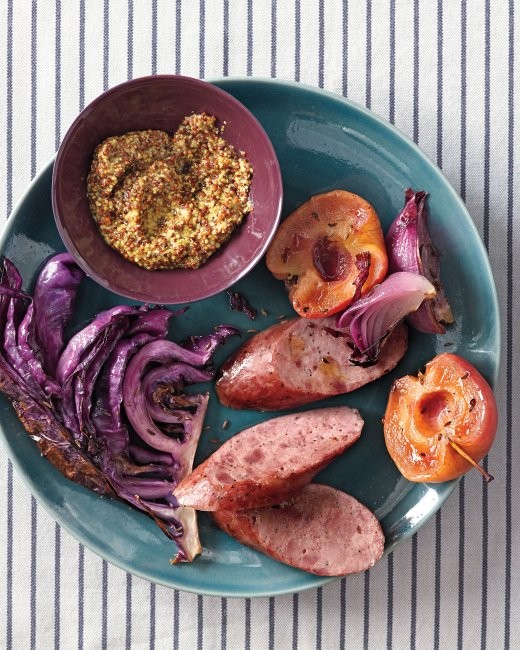 Roasted kielbasa with apples and cabbage