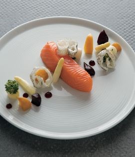 Roasted king salmon with white asparagus, roasted beetroot and turnip
