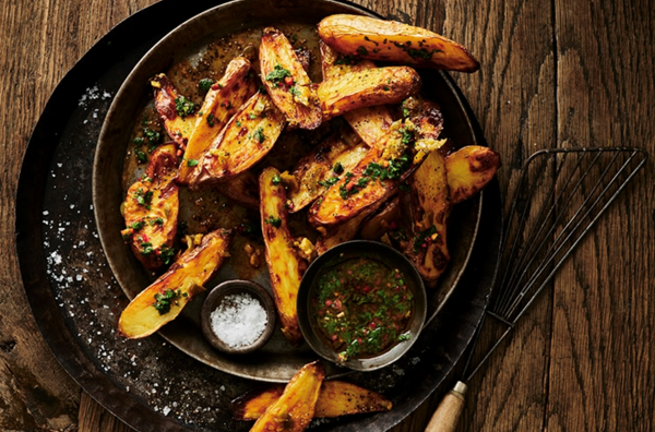 Roasted kipflers with jalapeno butter and chimichurri
