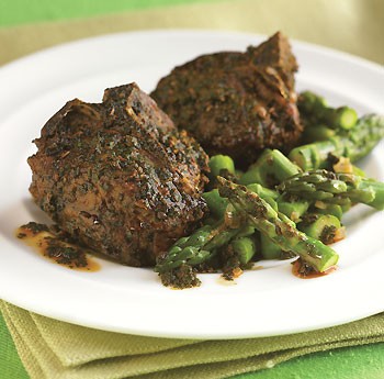 Roasted lamb chops with charmoula and skillet asparagus