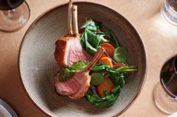 Roasted lamb cutlets, The Falls Farm winter vegetables and tarragon pesto