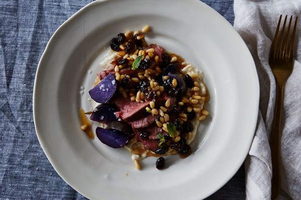 Roasted lamb loin and purple potatoes