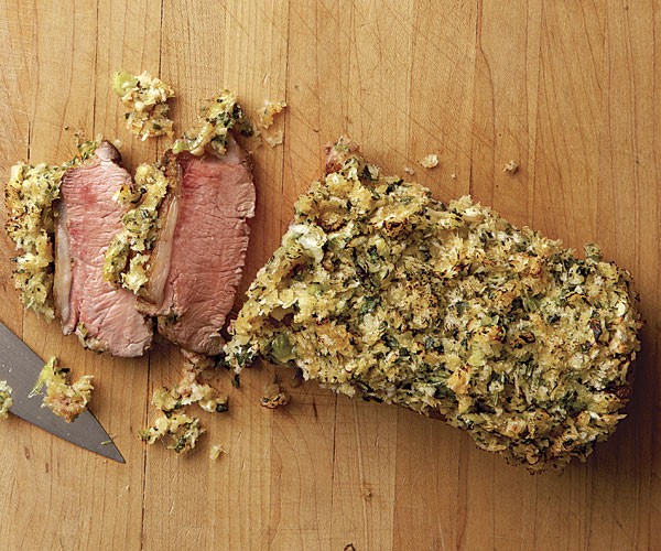 Roasted lamb loins with mustard-herb crust