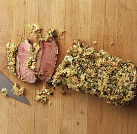 Roasted lamb loins with mustard-herb crust