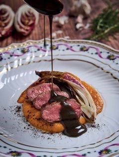 Roasted lamb, pumpkin, radicchio and coffee (Agnello arrosto, zucca, raddichio e caffè)