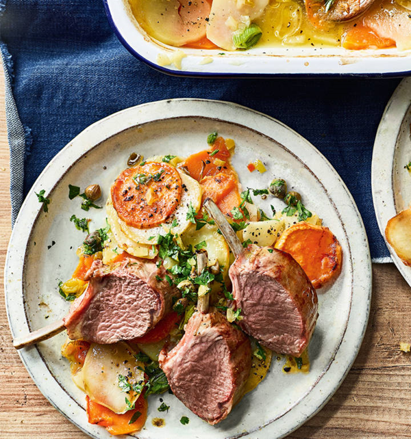 Roasted lamb rack with boulangère potatoes and preserved lemon salsa