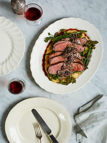 Roasted lamb rump with polenta and creamy olive and anchovy sauce