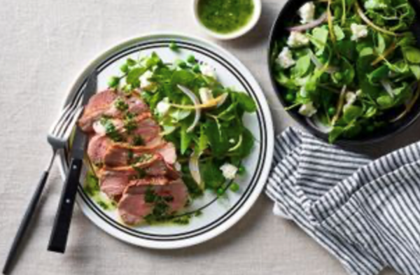 Roasted lamb rump with sweet pea salad and mint salsa