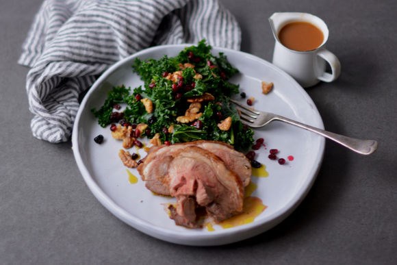 Roasted lamb rumps with kale, currant and walnut salad