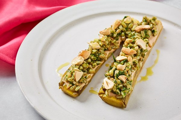 Roasted leeks with farro, zhoug and toasted cashew cream