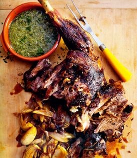 Roasted leg of lamb with mint chimichurri (Cabrito assado do Nova Capela)