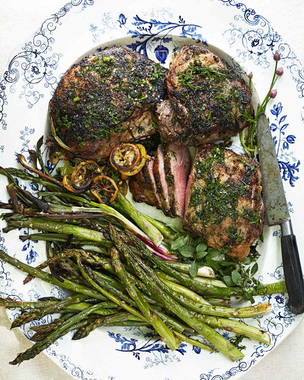 Roasted leg of lamb with asparagus and herbs