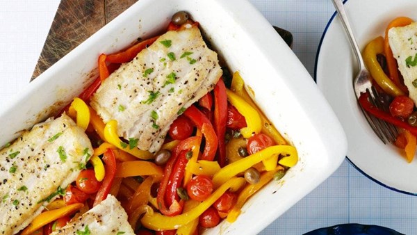 Roasted lemon fish with capsicums and cherry tomatoes