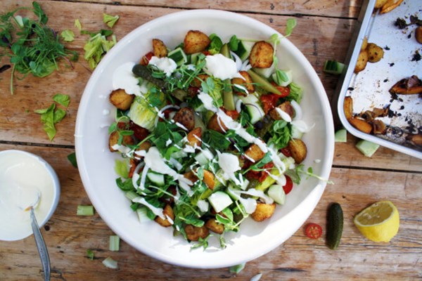 Roasted lemon, potato & oregano wedge salad with a Greek yoghurt & roasted garlic dressing