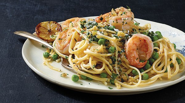 Roasted lemon shrimp scampi with linguine