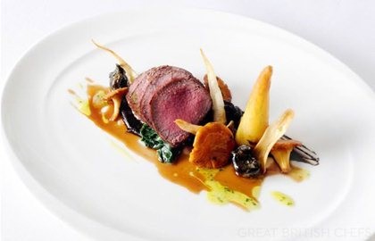 Roasted loin of New Forest venison with snails, roasted chervil root and a field mushroom puree