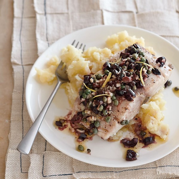 Roasted mahi mahi with olives, capers, and lemon