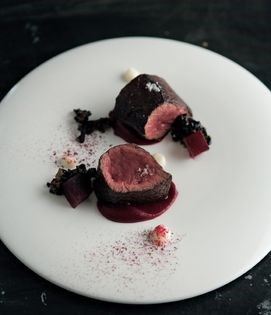 Roasted Mandagery Creek venison with spiced beetroot purée and mushrooms