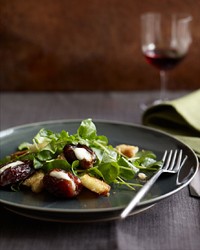 Roasted mascarpone-filled dates with watercress & brioche