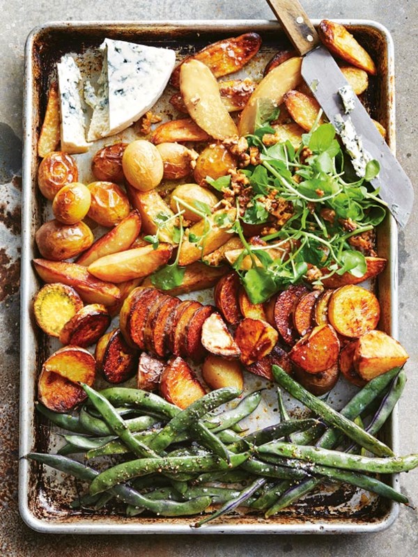 Roasted mixed potato salad with beans, watercress and blue cheese