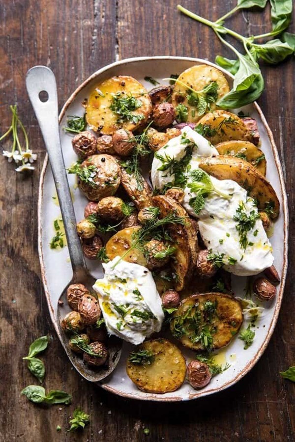Roasted mixed potatoes with spring herbs and burrata