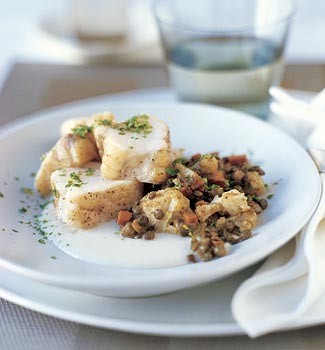 Roasted monkfish with curried lentils and browned butter cauliflower