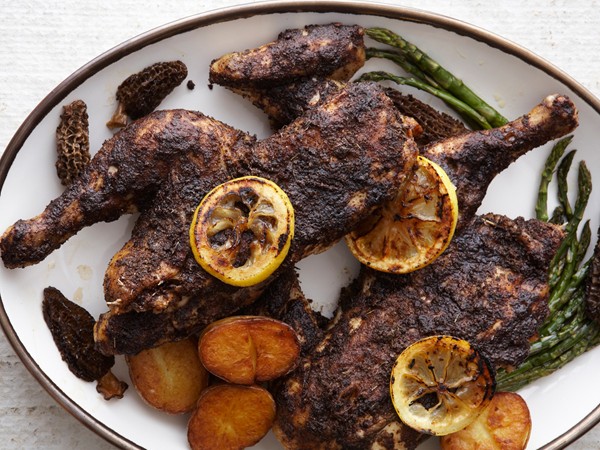 Roasted morel-rubbed chicken with charred lemon, asparagus, and potatoes