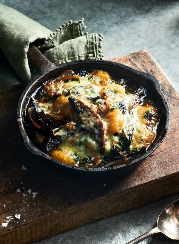 Roasted mushroom, caramelised onion and potato gnocchi soup