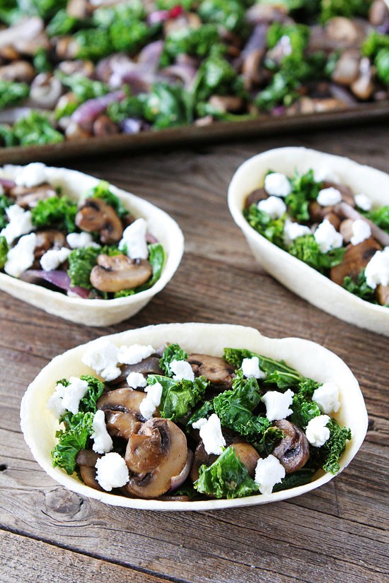 Roasted mushroom, kale, and goat cheese tacos