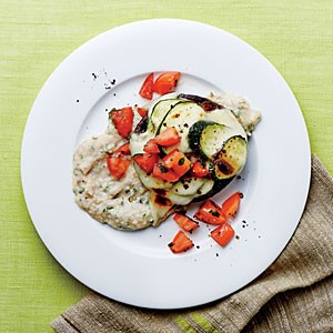 Roasted mushrooms on white bean puree