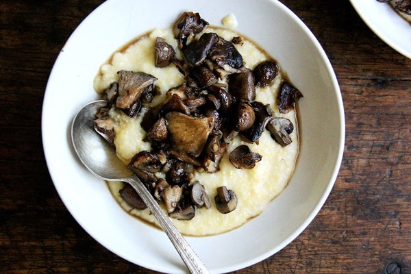 Roasted mushrooms with sherry + creamy polenta