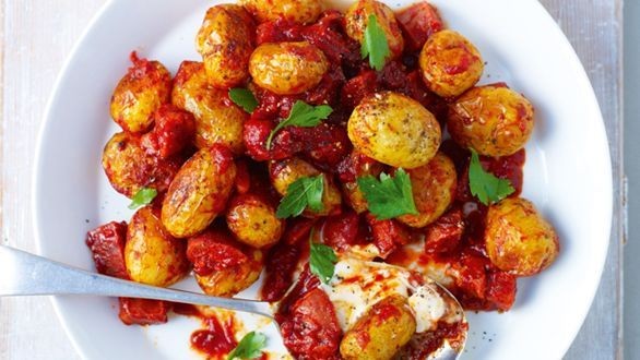 Roasted new patatas & chorizo bravas with aïoli
