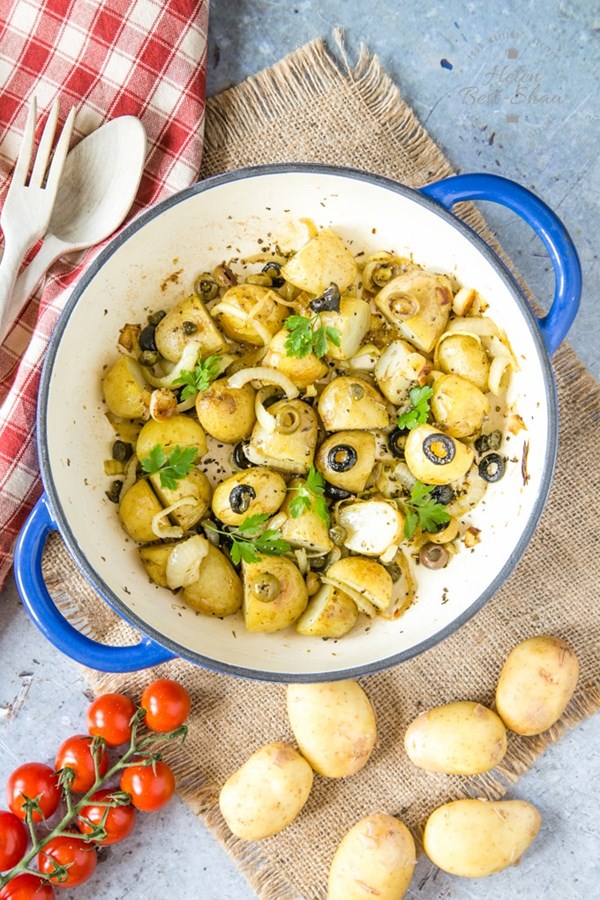 Roasted new potatoes with capers & olives