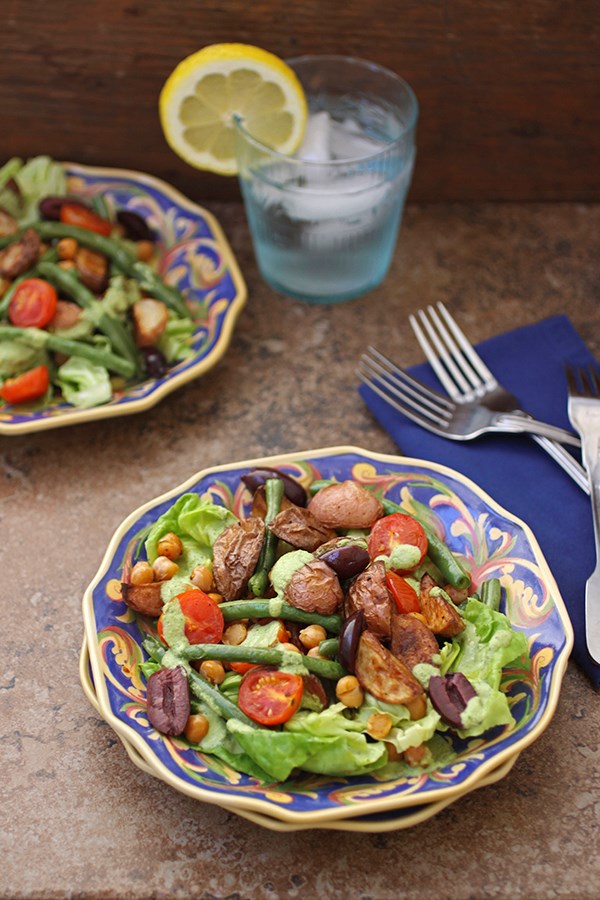 Roasted Niçoise salad with cashew goddess dressing